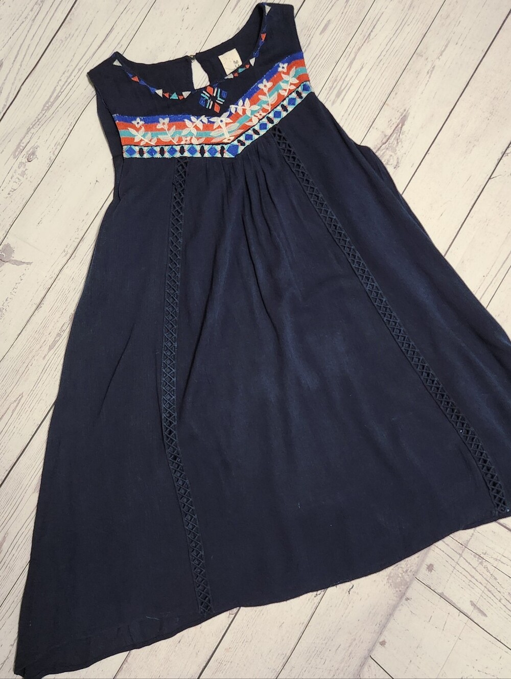 Pink Owl Navy Tank Dress with Orange, Blue & Cream Embroidered Yoke